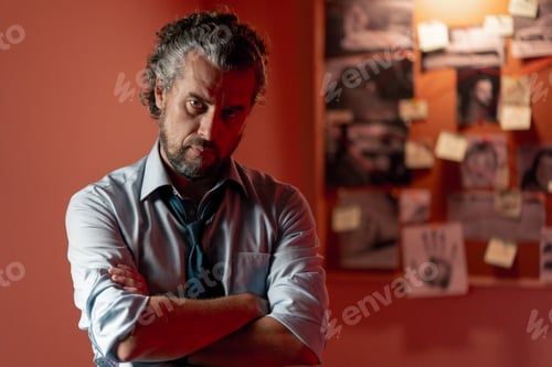 Preview: in the detective's office middle-aged investigator in a shirt and tie sits on a table looking at the