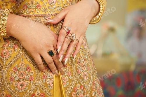 Preview: Elegant hands adorned with intricate rings and beautiful embroidery