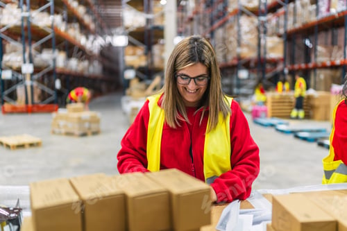 Preview: Female warehouse worker packaging goods for distribution in logistics center