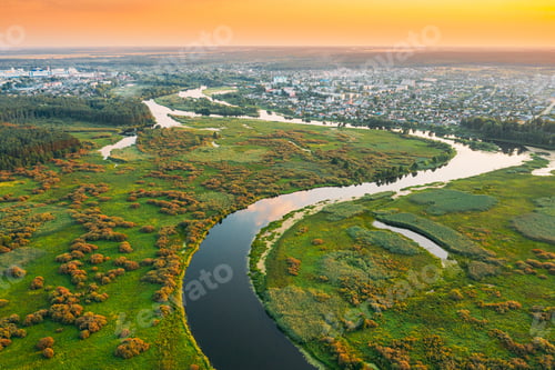 Preview: Belarus. Aerial View Green Meadow And River Landscape Near Small