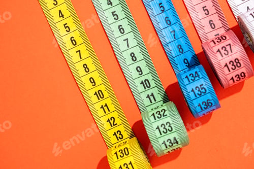 Preview: colorful measuring tapes top view on bright red background