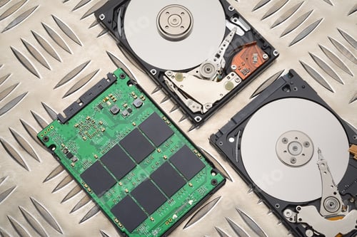 Preview: Open HDD and SSD disk drives on metal plate background