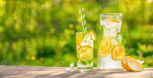 Preview: Summer refreshing lemonade drink cocktail with ice and lemon slices on the table in the garden