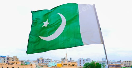 Preview: Low angle shot of the flag of Palestine waving over the city