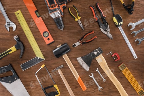 Preview: top view of arranged various tools on wooden table