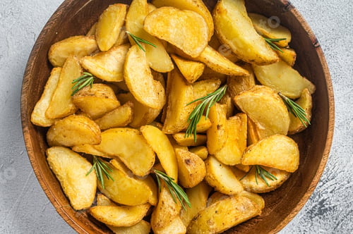 Preview: Roasted potato wedges with rosemary, organic vegetarian potato wedges meal. White background