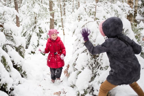 Preview: children play snowballs in nature in forest in winter. fun for kids. holidays