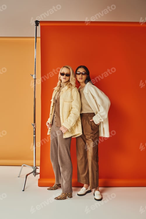 Preview: multiethnic models in sunglasses and autumn outerwear posing in studio, fall colors, duo backdrop