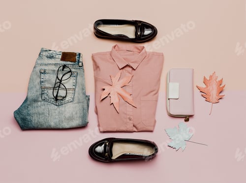 Preview: clothes top view. For woman. Stylish casual look and accessories