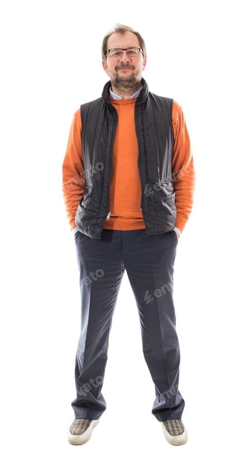 Preview: Smiling Man in Vest and Sweater Poses