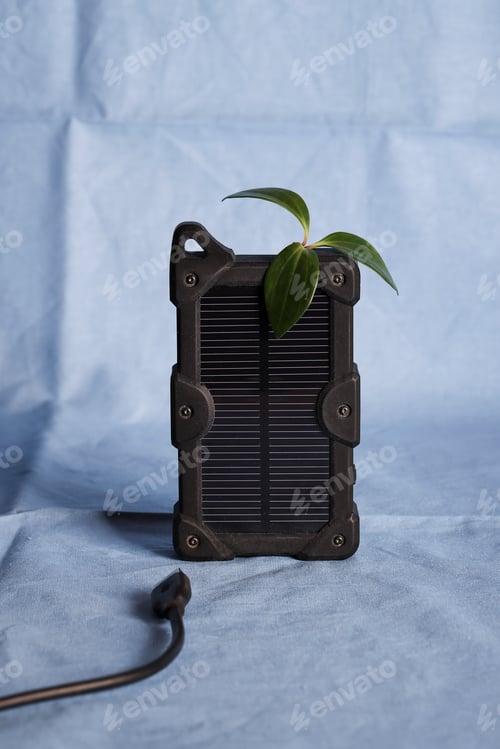 Preview: cheapest source of electricity. power box, portable solar battery for phone on blue background.