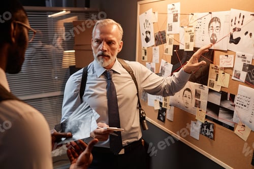 Preview: Mature detective pointing at evidence board during investigation