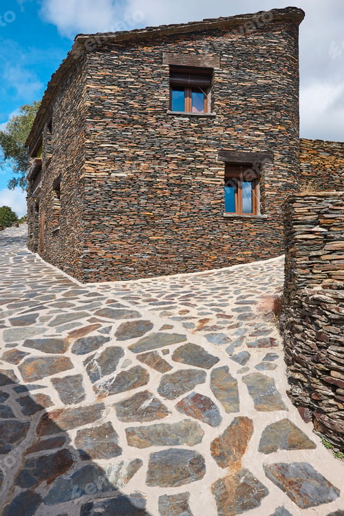 Preview: Slate stone antique village of Roblelacasa. Black architecture. Spain