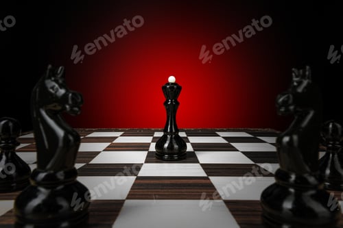 Preview: Chess board with figures on dark red background