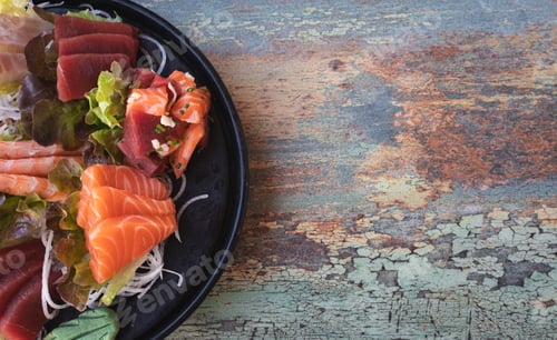 Preview: Sashimi sushi mounted on lettuce leaves on a worn background with space for text