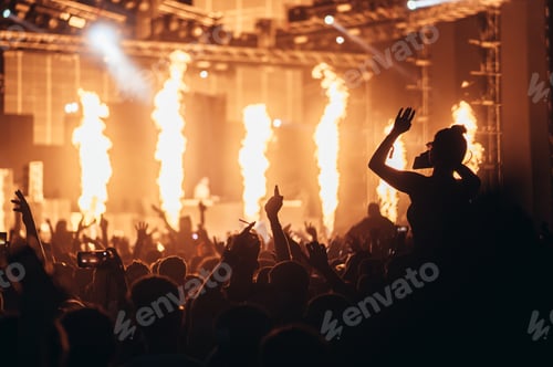 Preview: Silhouette of a woman with raised hands on a concert