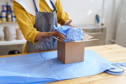 Preview: E-commerce and shipment: woman craft ceramist packing handmade potter. Safe delivery of pottery