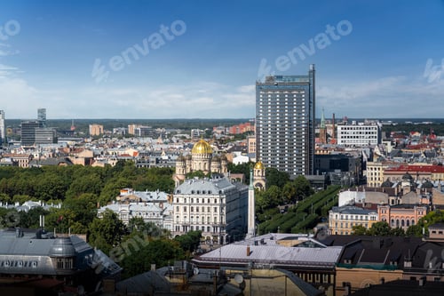 Preview: Aerial view of Riga with Nativity of Christ Orthodox Cathedral and Freedom Monument - Riga, Latvia