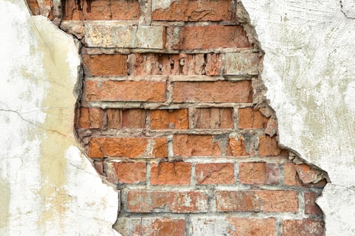 Preview: Old red brick wall with white damaged plaster background