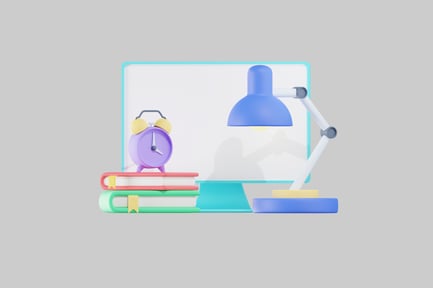 Visualização: Configuração de mesa escolar com relógio