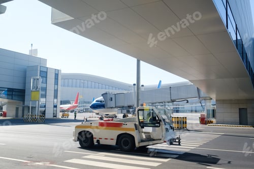 Preview: Busy airport scene with aircraft and ground support vehicle under clear blue sky in the afternoon