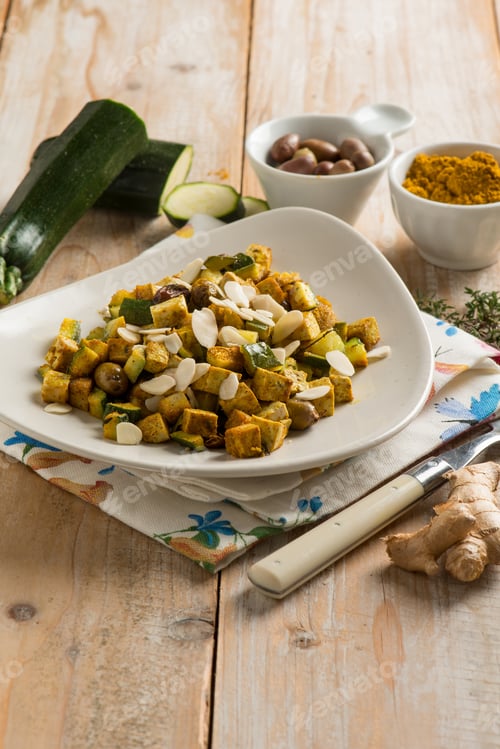 Preview: Tofu with zucchini sliced almonds olives turmeric spice and fresh ginger
