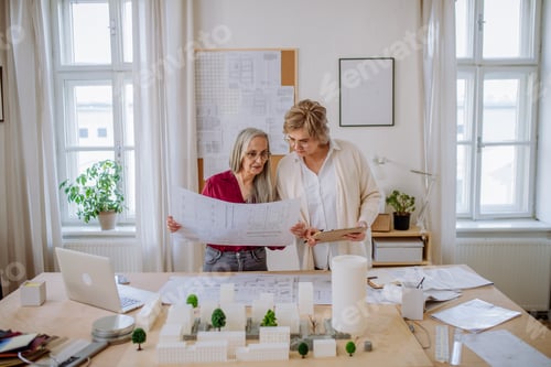 Preview: Mature women eco architects with model of modern bulidings and blueprints working together in office