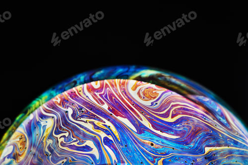 Preview: Virtual reality space with abstract multicolor psychedelic planet. Closeup Soap bubble like