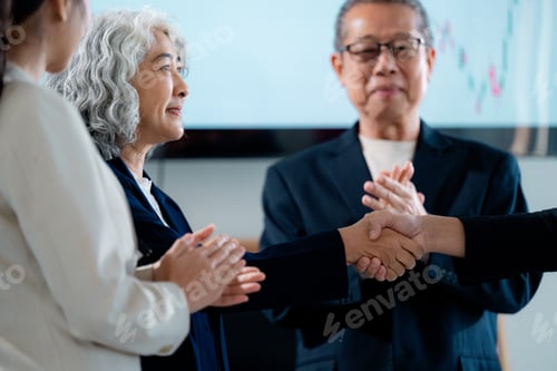 Preview: Businesswomen shaking hands after closing a deal in the office, colleagues clapping