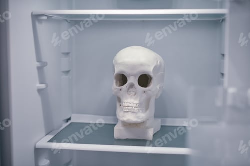 Preview: Empty refrigerator concept. Human skull on empty refrigerator shelves. Weight loss diet concept.