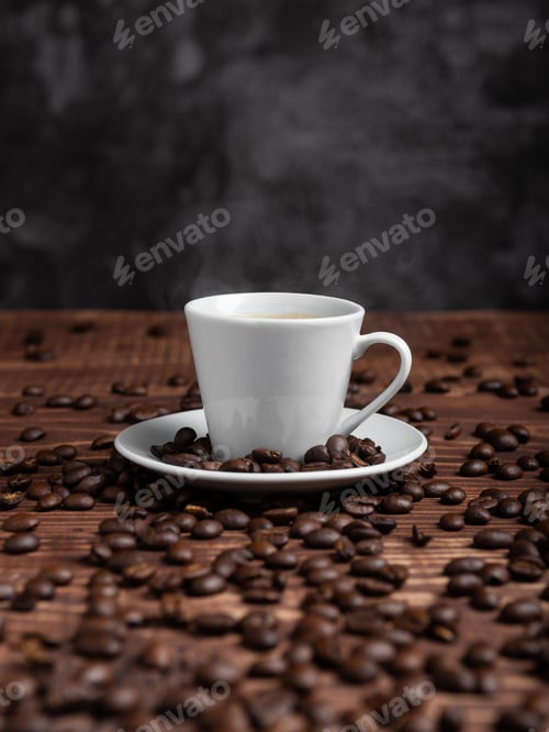 Preview: A espresso cup with dark coffee sits on a saucer, surrounded by roasted beans on a wooden surface.