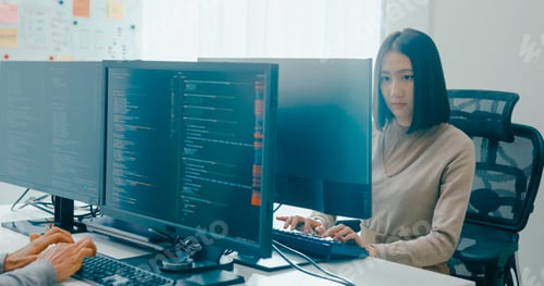 Preview: Group Adult Asia male, female freelance typing write prompt AI bot IT app smart program nomad.