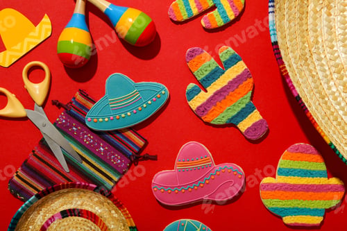 Preview: Mexican maracas, cactus and sombrero on color background