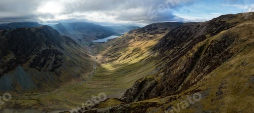 Preview: Aerial view of Honister Pass road winding through English Lake District scenery to Buttermere