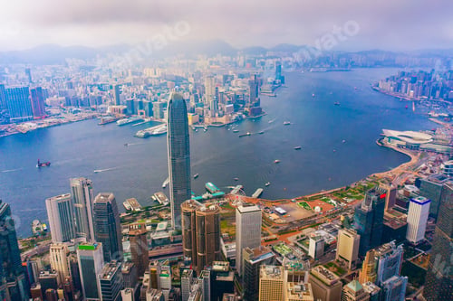 Preview: Hong Kong Downtown, China. Financial district in urban city town in Asia. Skyscrapers buildings.