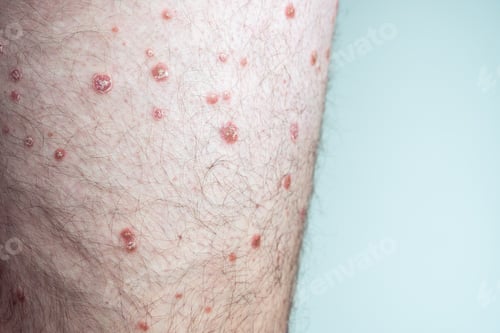 Preview: Closeup of red inflamed flaky hairy scaly skin of leg of unrecognizable man suffering from psoriasis