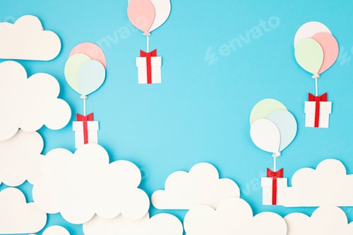 Preview: Papercut balloons and Gift Box floating in blue sky with clouds. Happy Bithday, Merry Christmas