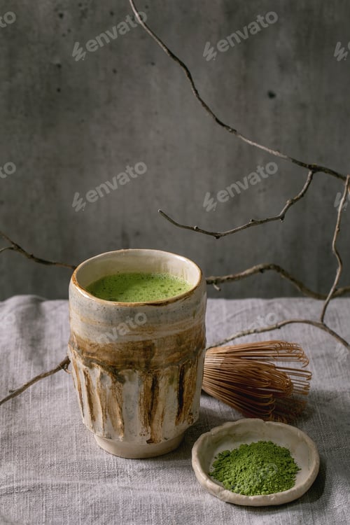 Preview: Traditional hot green tea matcha in ceramic cup