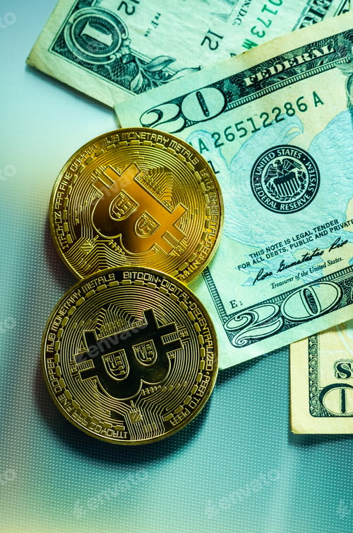 Preview: Dollar bills in front of two bitcoin coins, traditional versus new.