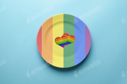Preview: Two hearts in LGBT flag colors in plate. Romantic gay community dating