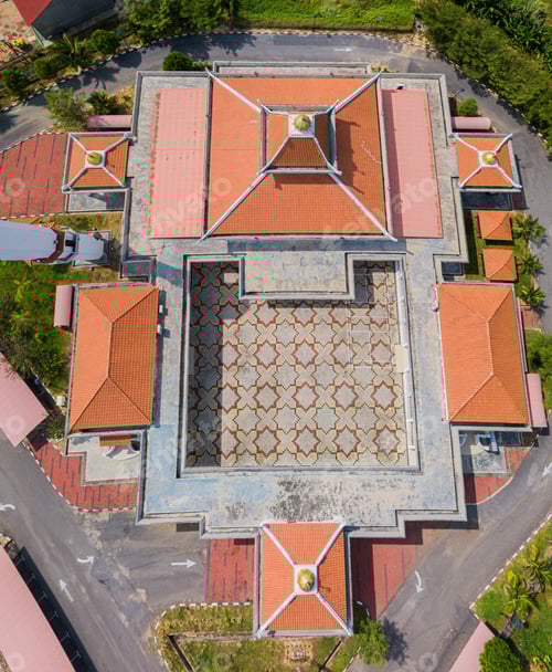 Preview: Aerial drone view of a white mosque known as Tun Khalil Mosque at Asahan, Melaka, Malaysia.