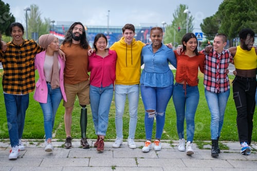 Preview: Group of friends of different ethnicities together as a team