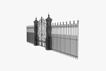Preview: Wrought iron gate with ornate finials and diagonal slats
