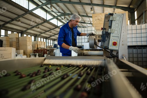 Preview: Worker putting olive in machine in factory