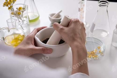 Preview: The pharmacist is grinding natural herbs in the laboratory for alternative medicine