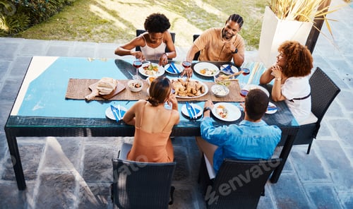 Preview: Food, top and friends in house backyard to relax on holiday celebration or vacation in summer toget