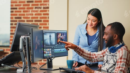Preview: Young content creators doing teamwork working on movie footage