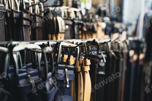Preview: different kinds of leather colored belts for jeans and suits hanging by the buckle