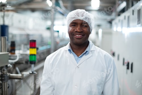 Preview: Smiling factory engineer standing in bottle factory