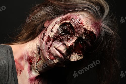 Preview: Scary zombie on dark background, closeup. Halloween monster